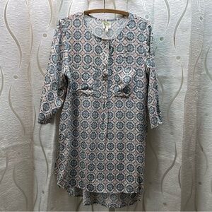 Fig and Flower‎ Tunic Top Women Large White Navy Geometric Heart Print Excellent